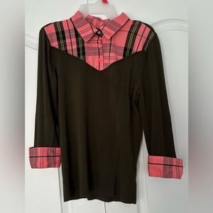 NY & Co Plaid Button Down Army Green Sweater Shirt